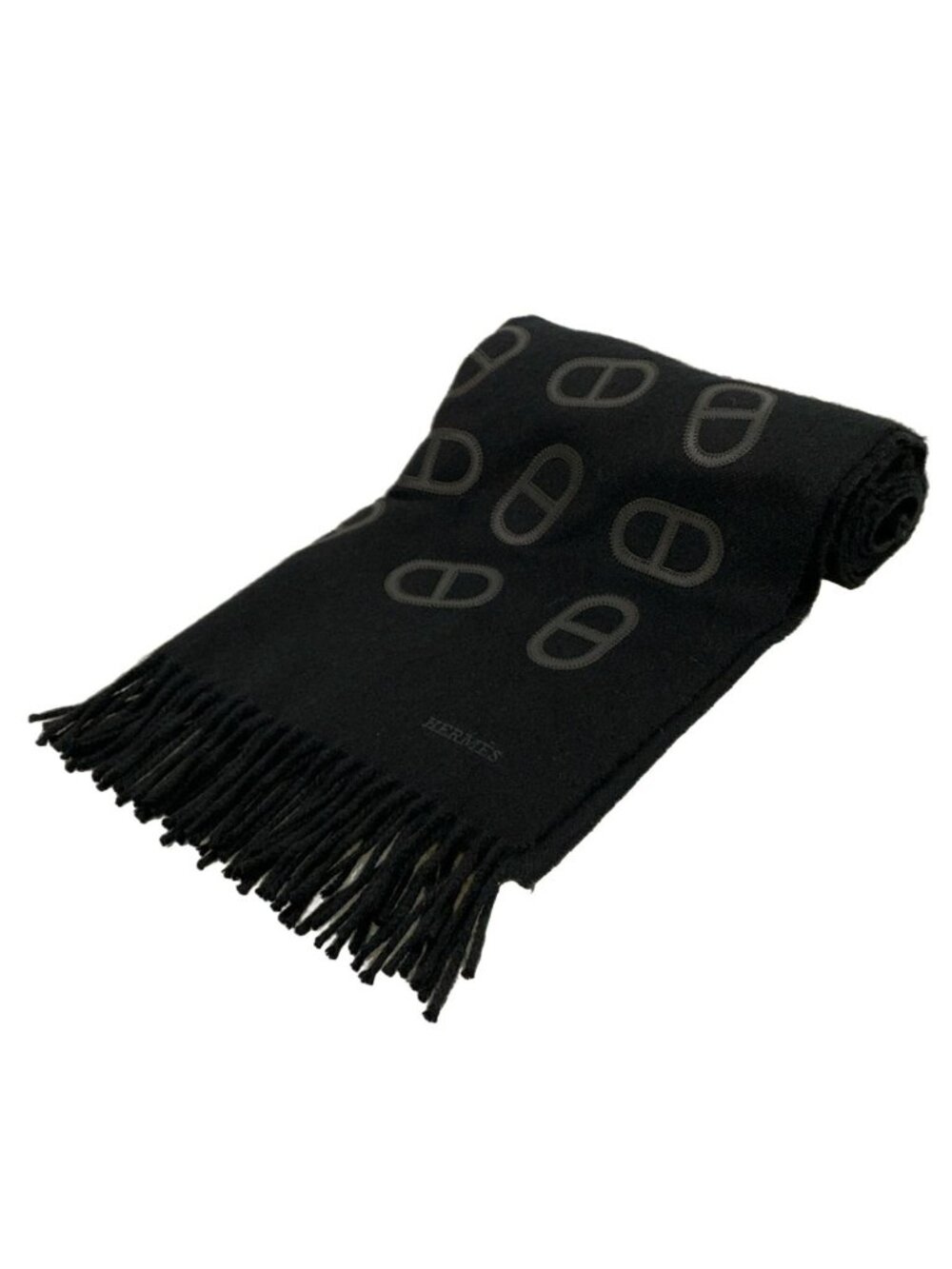 Hermes Shawl Jete Deux Maillon Black Embroidery Chaine D'ancre Cashmere Leather